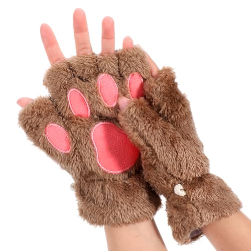 WLLHYF Katzenpfoten Handschuhe Weiche Plüsch fingerlose Katzenfäustlinge Süße Tier Katze Krallen Winterhandschuhe Halloween Weihnachten Cosplay Kostümzubehör(Braun) von WLLHYF