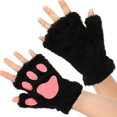 WLLHYF Katzenpfoten Handschuhe Weiche Plüsch fingerlose Katzenfäustlinge Süße Tier Katze Krallen Winterhandschuhe Halloween Weihnachten Cosplay Kostümzubehör(Schwarz) von WLLHYF