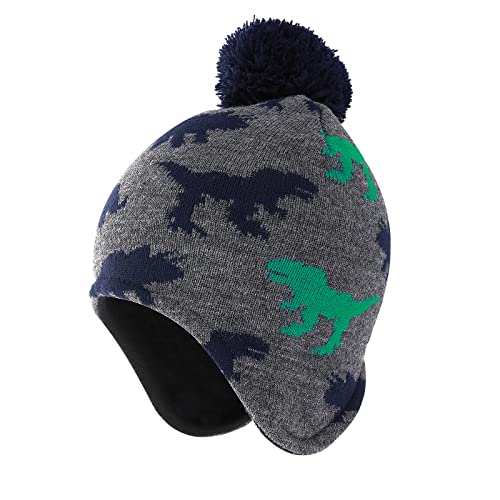 WLLHYF Kinder Wintermütze Jungen Kleinkind Warme Beanie Ohrenklappe Baby Knit Fleece gefütterte Mütze mit Bommel Niedliche Kinder Dinosaurier Mütze für Jungen Mädchen von WLLHYF