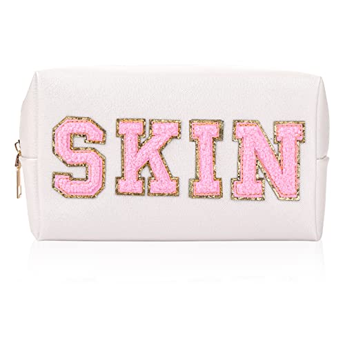 WLLHYF Preppy Makeup Bag Skin Letters Patch Kosmetiktasche Tragbare Reißverschlusstasche Hautpflege Kosmetik Reisetasche Geldbörse Organizer Zubehör für Frauen Mädchen(White) von WLLHYF