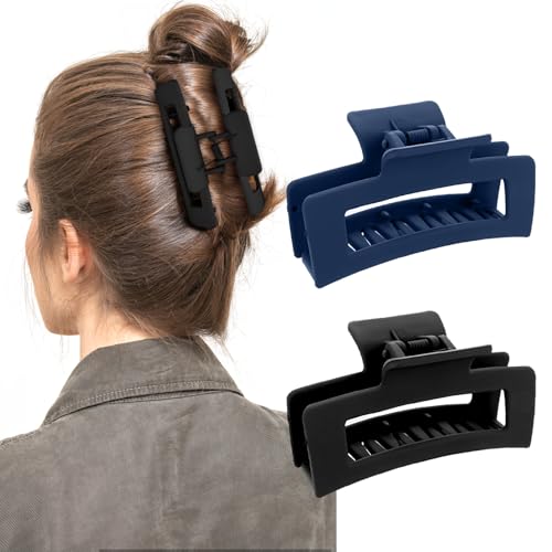 WLLHYF Quadratische Klauenclips 2 Stück 8.5 cm Mittlere Haarklammern Matt Rutschfest Modisch Starker Halt Bananen Clips Haarstyling ZubehöR Für Frauen Und Mädchen (Schwarz/Marineblau) von WLLHYF