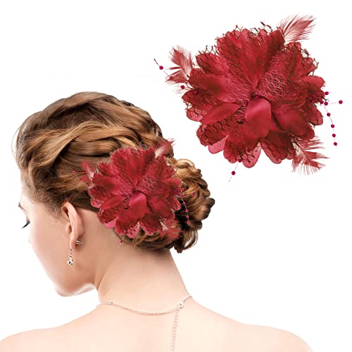 WLLHYF Schwarze Damen Feder Blume Haarspange Eleganter Hut Blume Mesh Bänder Brosche Pin Haar Accessoire Fascinator Kopfbedeckung Floral Corsage für Frauen und Mädchen Geburtstag Hochzeit Party (Rot) von WLLHYF