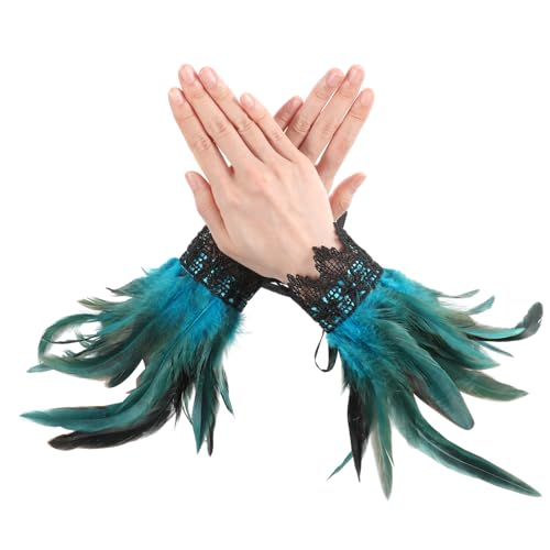 WLLHYF Schwarze Spitzenhandschuhe mit Federn, Hexenengel-Kostüm, Gothic-Mesh-Armband, Manschette, Hochzeitsaccessoire für Frauen, Halloween, Cosplay(Blau) von WLLHYF