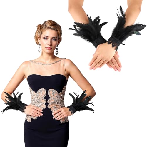 WLLHYF Schwarze Spitzenhandschuhe mit Federn, Hexenengel-Kostüm, Gothic-Mesh-Armband, Manschette, Hochzeitsaccessoire für Frauen, Halloween, Cosplay(Schwarz) von WLLHYF