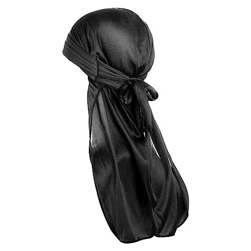 WLLHYF Silky Durag Herren-Seidenhaube, 360 Wellen, ultraweiche Wellenkappe, Premium-Satin-Durags, extra langer Schwanz, Schwarz, Schwarz, Einheitsgröße von WLLHYF