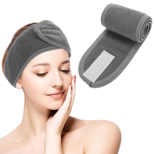 WLLHYF Spa Gesicht Stirnband Verstellbares Make-up Stirnband Mikrofaser Haarband Stretch Handtuch Magic Sticker Hautpflege Haarband für Frauen Mädchen Waschen Gesicht Bad Yoga Make-up Sport (Grau) von WLLHYF