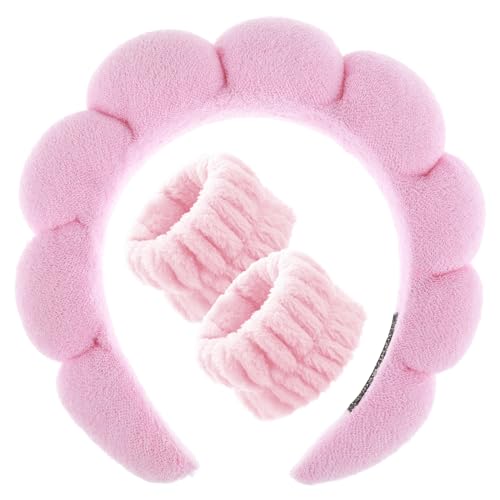 WLLHYF Spa-Stirnband Armband-Set Waschen Gesichts Schwamm Make-up Hautpflege Haarband Weiches Handtuch Tuch Kopfbedeckung Geschwollenes Rutschfestes Gepolstertes Haar-Accessoire Sport (Rosa) von WLLHYF