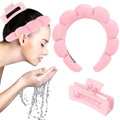 WLLHYF Spa-Stirnband Gesichtswasch-Armband-Set Weiches Schwamm-Kopfband mit Quadratischen Klauenklammern Make-up-Hautpflege-Haarband (Rosa) von WLLHYF