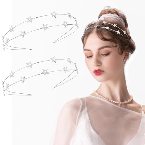 WLLHYF Stern-Stirnband Metall-Stern-Haarband Strass-Legierungs-Kopfbedeckung Dekorativer Kristall-Haarreifen Goldsplitter Haarschmuck für Frauen Party Mädchen Braut Brautjungfern (2 Silber) von WLLHYF