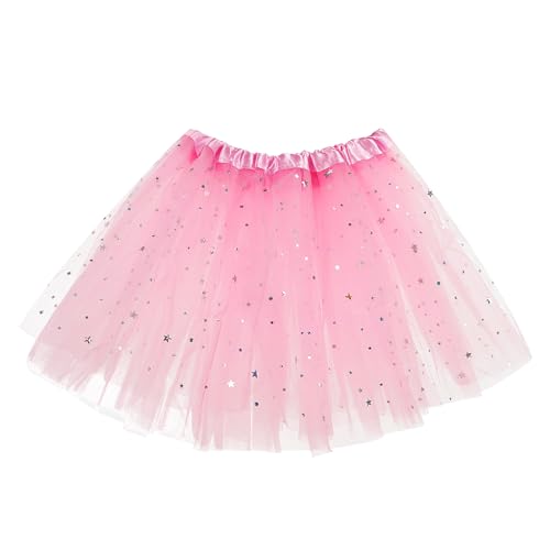 WLLHYF Tutu-Rock, 3-lagig Tüll Pailletten Stern Ballett Tanzröcke Prinzessin Party Kostüm Tutu Festliches Party-Kostüm für Mädchen, Damen, Kleinkind, Weihnachten, Geburtstag(Stern Rosa,30cm) von WLLHYF