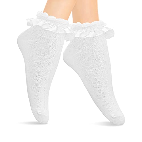 WLLHYF Weiße Rüschensocken für Damen Mädchen 1 Paar Spitzen Rüschensocken Söckchen mit Spitzenbesatz weiße Undurchsichtige Rüschen mit Baumwolle Prinzessinnen Stil hübsches Kleid Herzförmige Socken von WLLHYF