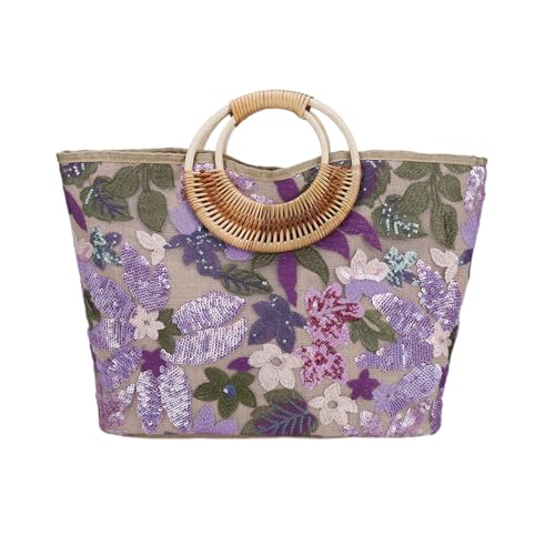 WLLJYSJZL Paillettenbestickte gewebte Tragetasche für Damen, stilvolle Sommer-Strand-Schultertasche mit Bambusgriff für den Urlaub, Violett WLLJYSJZL Paillettenbestickte gewebte Tragetasche für Damen, stilvolle Sommer-Strand-Schultertasche mit Bambusgriff für den Urlaub, Violett von WLLJYSJZL