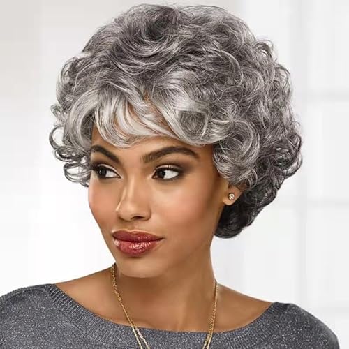 Echthaar-Perücke, kurze Afro-Perücke, gewellt, for schwarze Frauen, kurze lockige Bob-Perücke, Afroamerikaner-Perücken, Alltag, Kleid, Cosplay, Party (Color : Silver) von WLLKIY