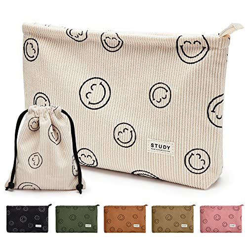 WLLWOO Make-up-Tasche, 2 Stück, Smile Face, Kord, Kosmetiktasche, Reißverschluss, Innenmaterial, wasserdicht, Münzetui, Reise-Kulturbeutel, kleine Make-up-Tasche für Frauen, Cremeweiß von WLLWOO WLLWOO