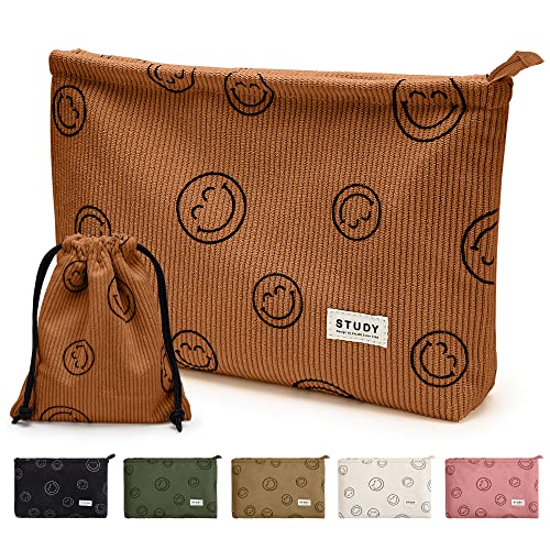 WLLWOO Make-up-Tasche mit lächelndem Gesicht, aus Kordsamt, mit Reißverschluss, wasserdicht, Federmäppchen, Münzbörse, Reise-Kulturbeutel, kleine Make-up-Tasche für Damen, 2 Stück, Braun, Niedlich von WLLWOO WLLWOO