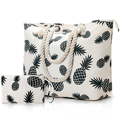 WLLWOO Strandtaschen für Damen, extra große Strandtasche, wasserdicht, sanddicht, Schwimmbad, Tragetasche, Urlaub, Strandtasche, Ananas, X-Large von WLLWOO WLLWOO