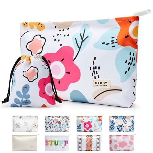 WLLWOO WLLWOO 2 x Reise-Make-up-Taschen, Kosmetiktasche, Nylon, wasserdicht, groß, breiter Reißverschluss, Münzbörse, Reise-Kulturbeutel, kleine Make-up-Tasche für Damen, Farbige Blumen von WLLWOO WLLWOO