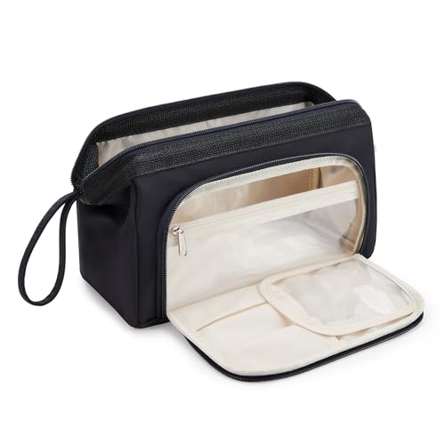 WLLWOO WLLWOO Reise-Make-up-Tasche, doppellagig, wasserdicht, groß, weit geöffnet, Organizer für Damen, Kulturbeutel, Kosmetiktasche für Toilettenartikel, Zubehör, Pinsel, Schwarz von WLLWOO WLLWOO