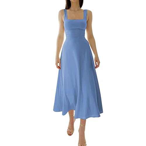 Neues Damen-Midikleid mit dicken Trägern, quadratischem Ausschnitt, Sommer, ärmellos, breiter Riemen, solides, lässiges Korsettkleid, formell (Baby Blue,M) von WLLhxyx