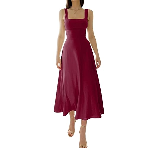 Neues Damen-Midikleid mit dicken Trägern, quadratischem Ausschnitt, Sommer, ärmellos, breiter Riemen, solides, lässiges Korsettkleid, formell (Claret,M) von WLLhxyx