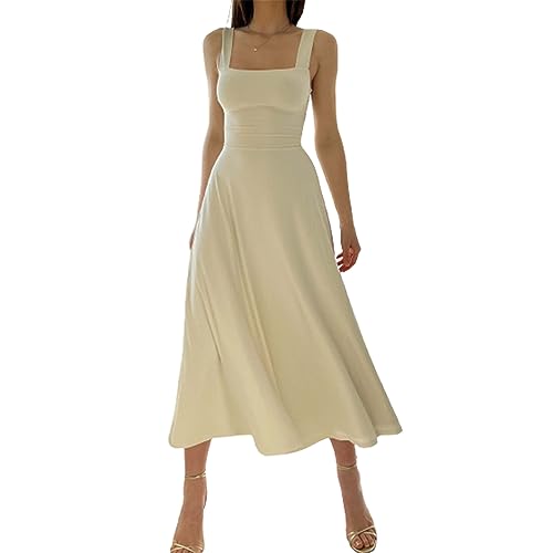 Neues Damen-Midikleid mit dicken Trägern, quadratischem Ausschnitt, Sommer, ärmellos, breiter Riemen, solides, lässiges Korsettkleid, formell (Cream Color,XXS) von WLLhxyx