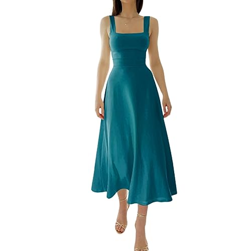 Neues Damen-Midikleid mit dicken Trägern, quadratischem Ausschnitt, Sommer, ärmellos, breiter Riemen, solides, lässiges Korsettkleid, formell (Peacock Blue,XL) von WLLhxyx