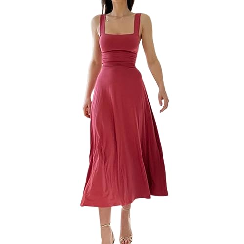 Neues Damen-Midikleid mit dicken Trägern, quadratischem Ausschnitt, Sommer, ärmellos, breiter Riemen, solides, lässiges Korsettkleid, formell (Watermelon red,M) von WLLhxyx