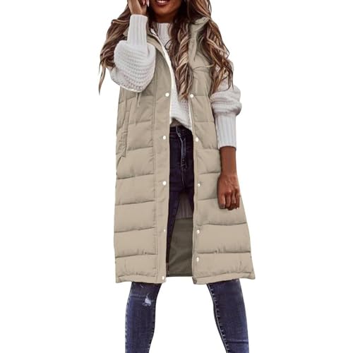 WLLhxyx Damen Lange Daunenweste Ärmellose Kapuzenjacke Plus Größe Winter Warme Schlanke Reißverschluss Mäntel Outdoor Puffer Steppweste (Off White,S) von WLLhxyx