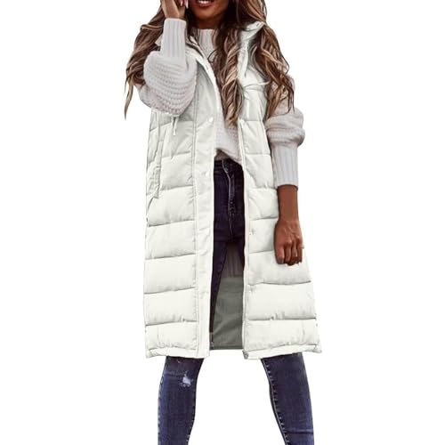 WLLhxyx Damen Lange Daunenweste Ärmellose Kapuzenjacke Plus Größe Winter Warme Schlanke Reißverschluss Mäntel Outdoor Puffer Steppweste (White,S) von WLLhxyx