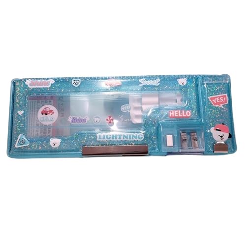 WLTYSM Multifunktionale Schreibwarenbox Transparente Laser-Bunte Multifunktions-Briefpapier-Stiftbox, niedliches doppelseitiges Aufbewahrungs-Federmäppchen mit Spitzer FedermäPpchen(Color:Sky Blue) von WLTYSM