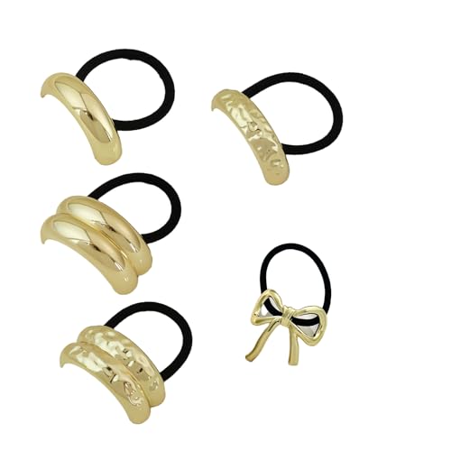 5 Stück Haargummi Damen,Haarmanschetten aus Metall,Haarschmuck Dünnes Lockiges,Elastisch Zopfgummi,Haar Accessoires für Frauen & Mädchen,Haarreif Gold,Haargummi Halter,Hair Cuffs,Pferdeschwanzhalter von WLVinson
