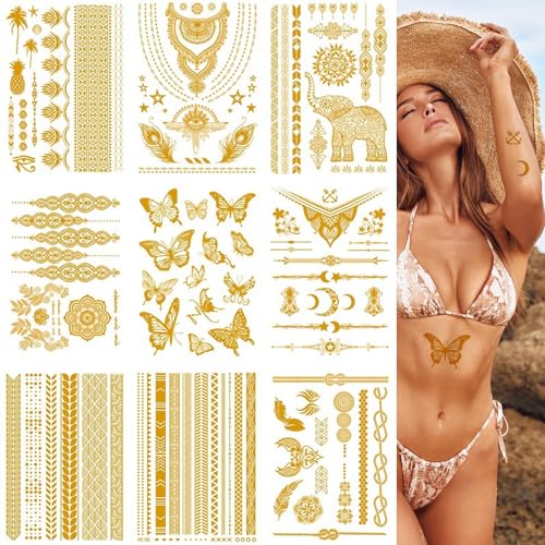 9 Blatt Temporäre Tattoos Erwachsene,Festival Tattoos zum Aufkleben,Goldene tattoos Festival Accessoires,Klebetattoos Erwachsene,Tattoo Gold Party Zubehör für Mädchen Frauen Strand Hochzeit Pool von WLVinson