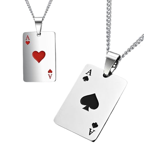 2 Stück Silber Edelstahl Halskette Herren,Pik Ass Ketten für Herren,Rock,Gothic,Punk,Hip Hop Schmuck,Geeignet für Paare Herren,Kette für Männer,Halsketten,Stilvolle Accessoires,Geschenkidee (60 cm) von WLVinson