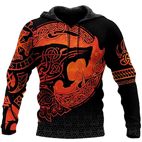 Herren Nordic Viking Hoodie, Vintage Celtic Wolf Odin Tattoo 3D-Gedrucktes Sweatshirt, Unisex Langarm Fashion Street Harajuku Hip Hop Jacke, Weihnachtspaar Tragen,Hoodie,XL von WLXW