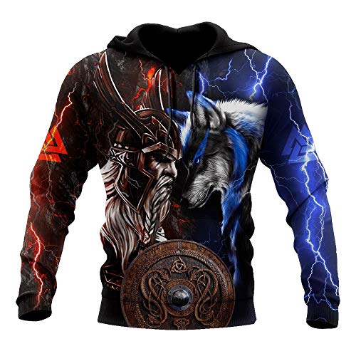 WLXW Herren Viking Hoodie, Fenrir Und Odin War 3D-Bedrucktes Pullover-Sweatshirt, Anpassbare DIY-Neutrale Mode-Harajuku-Jacke, Weihnachtspaar-Outfit,Hooodie,XL von WLXW