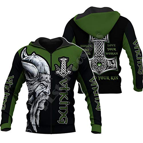 WLXW Herren Vintage Odin Viking Tattoo Nordische Mythologie 3D-Gesamtdruck Hoodie/Pullover/Sweatshirt, Kleidung Lässige Streetwear, Vatertagsgeschenk,Hoodie Zipper,XL von WLXW