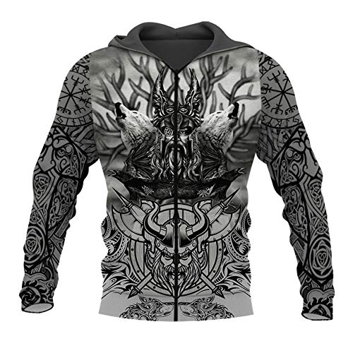 WLXW Herren Wikinger Tattoo Nordische Mythologie 3D All Over Print Hoodie/Pullover/Sweatshirt, Wikinger Odin Bekleidung Lässige Streetwear von WLXW