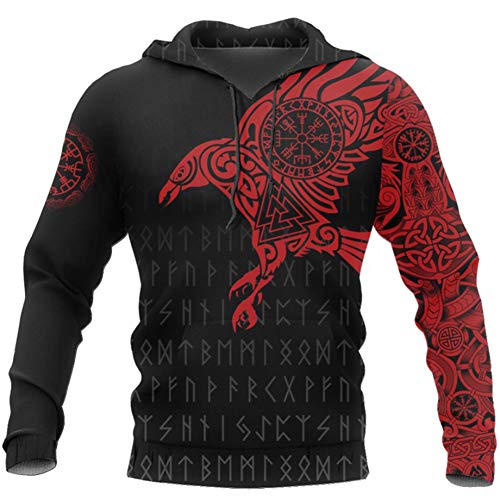 WLXW Viking - Der Rabe Von Odin Tattoo 3D Gedruckte Herren Hoodies Harajuku Fashion Hooded Sweatshirt Herbst Unisex Hoodie,Rot,L von WLXW