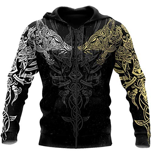 WLXW Viking Hoodie, Herren Retro Odin Tattoo 3D-Print Hoodie/Pullover/Sweatshirt/Shirt, Nordische Mythologie Riesenwolf Fenrir Casual Harajuku Streetwear,Hoodie Zip,M von WLXW