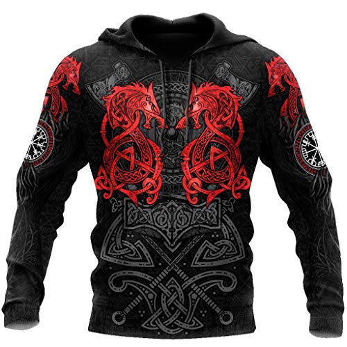 WLXW Viking Hoodie Für Herren, Odin Tattoo 3D-Gedrucktes Sweatshirt/Pullover Mit Nordischer Mythologie, Celtic Dragon Und Thors Hammer, Unisex Harajuku Street Jacket,Hoodie,6XL von WLXW