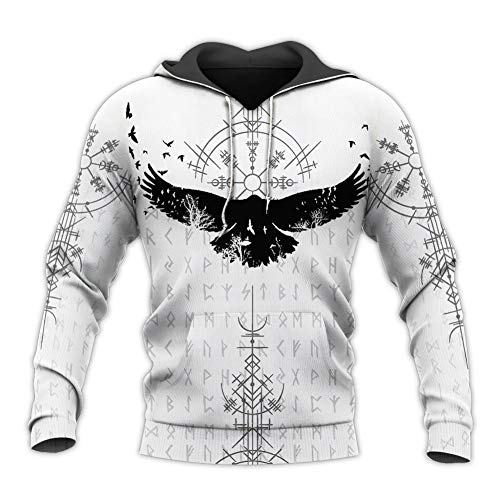 WLXW Viking Raven Symbol Tattoo 3D Gedruckte Männer Hoodie, Harajuku Mode Hooded Sweatshirt Street Jacke Herbst Unisex Langarm Hoodies,White Hoodies,M von WLXW