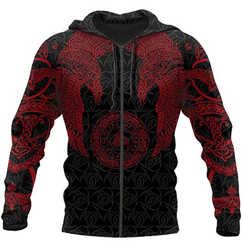 WLXW Vintage Odin Crow Hoodie, Nordic Mythology Viking Tattoo 3D-Bedrucktes Pullover-Sweatshirt, Herbstmode Unisex Langarm Harajuku Street Jacket,Red Hoodies Zip,L von WLXW