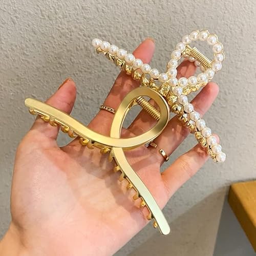 Große Metall-Haarklammern für Frauen, mattes Gold mit Perlen, rutschfeste, dicke Haarspangen, Gewinde, glänzende starke Krabben-Haarspangen für langes Haar, rutschfeste Haarspangen für dickes Haar, 2 von WLngtv