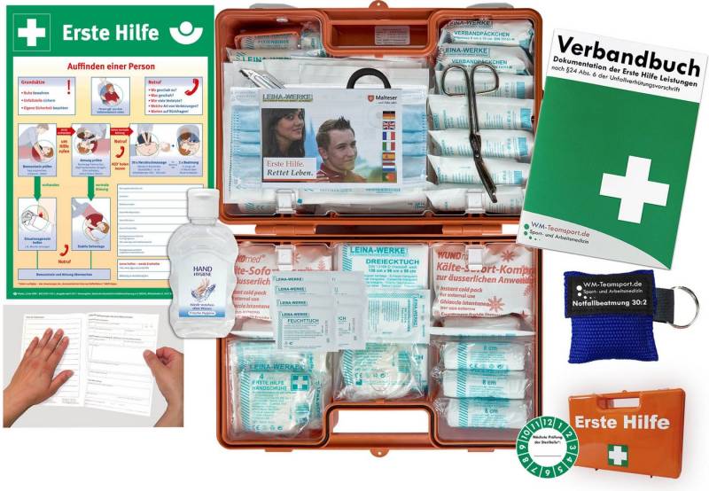 WM-Teamsport Erste-Hilfe-Koffer Verbandkoffer (G) DIN 13169 +Hygiene-Gel, Beatmung +Aushang von WM-Teamsport