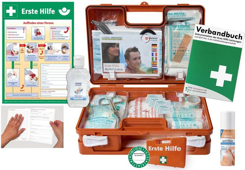 WM-Teamsport Erste-Hilfe-Koffer 1.-Hilfe-Koffer (K) DIN 13157 + Hygiene-Gel, Sprühpflaster + Aushang von WM-Teamsport