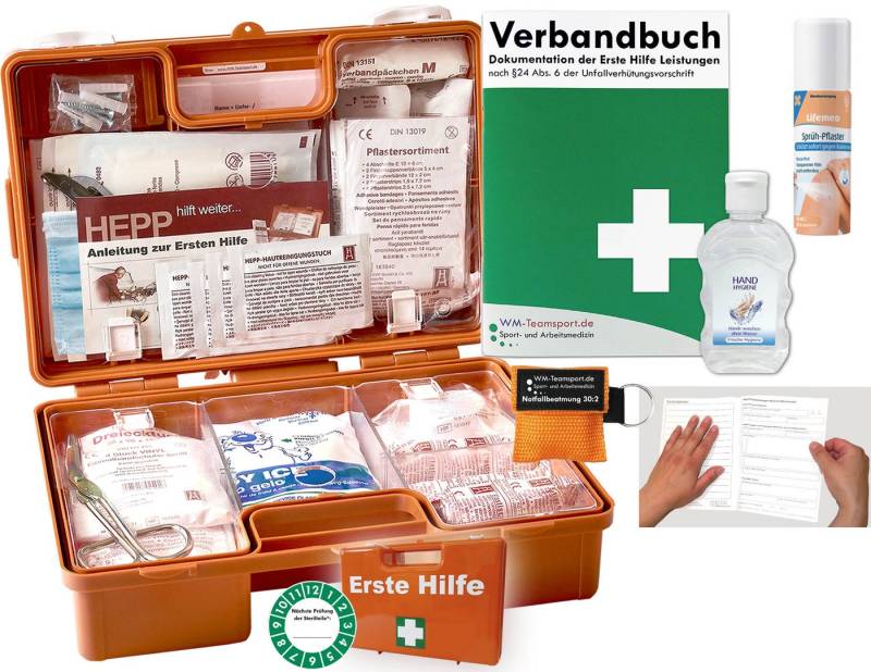 WM-Teamsport Erste-Hilfe-Koffer 1.Hilfe (K)ARR DIN 13157 + Hygiene-Gel, Sprühpflaster, Notfallbeatmung von WM-Teamsport