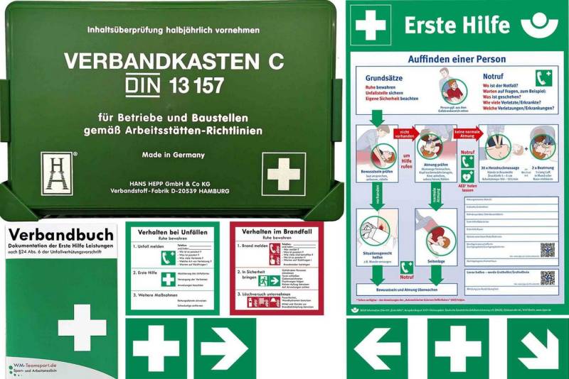 WM-Teamsport Erste-Hilfe-Koffer Betriebsverbandkasten DIN 13157 + BG Info-Komplettpaket + Verbandbuch von WM-Teamsport