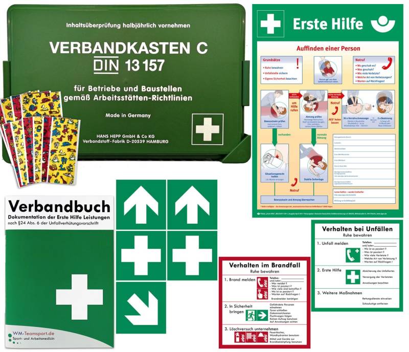 WM-Teamsport Erste-Hilfe-Koffer Betriebsverbandkasten KITA DIN 13157 + BG Info-Komplettpaket von WM-Teamsport