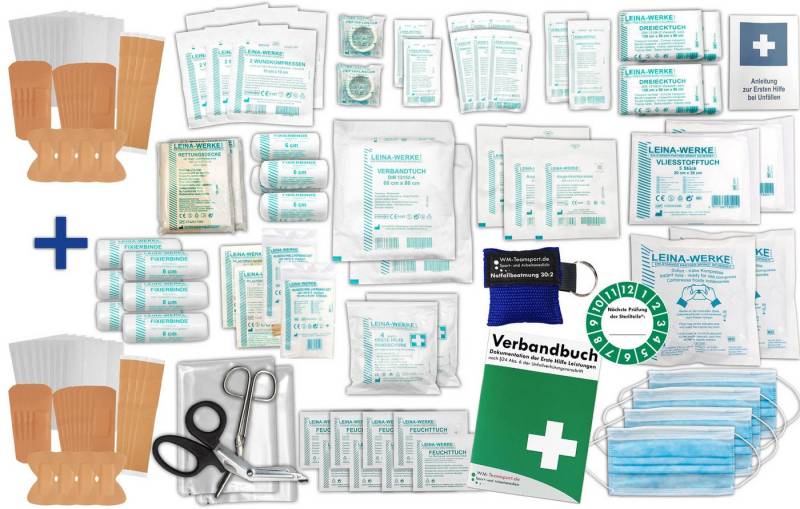 WM-Teamsport Erste-Hilfe-Set Füllung DIN 13169 PLUS 1B mit Beatmungshilfe + PFLASTERSET (56-tlg) von WM-Teamsport