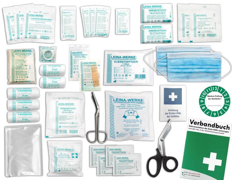 WM-Teamsport Erste-Hilfe-Set Komplett-Füllung Erste-Hilfe NEUE DIN 13157 für Betriebe + Verbandbuch, Erfüllt NEUE DIN 13157 (Betriebe)+ DIN 13164 (KFZ) + Verbandbuch incl. von WM-Teamsport